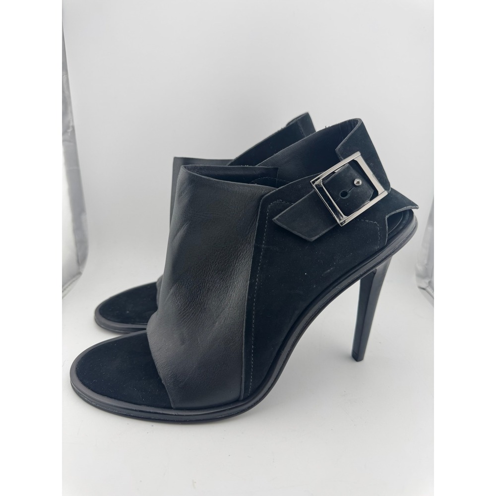 Tibi Made in Brzil - Black Leather Suede Peep Toe Buckle Ankle Booties Size 40.5